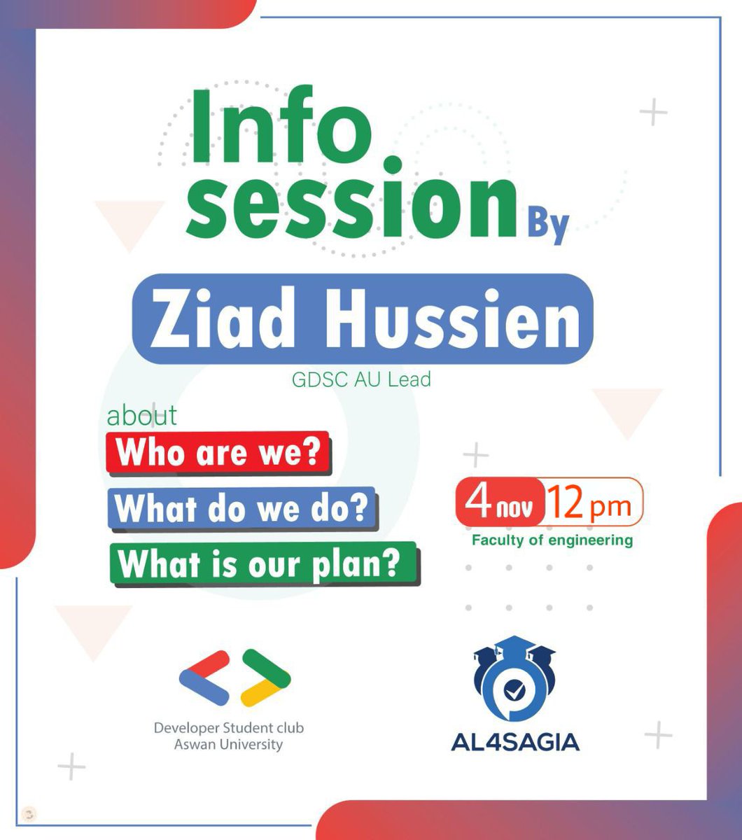 DscAswan's tweet photo. The secret of success is to be ready when the opportunity comes ❤‍🔥

#GDSC_in_da_house

info session  لطلاب تجاره و هندسه 

هتعرفو احنا مين و ازاى تقدر تستغل فرصه وجودنا ف جامعه اسوان و اى الفرص و السيشنات ال بنقدمها و حاجات تانيه كتير هتعرفوها اما تنورونا✨ https://t.co/vfbHU9ZEy1