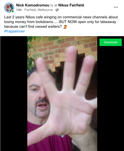 SougPaul's tweet photo. Greek restaurant chain in the Cities of Darebin and Monash hasn't re- opened after lockdown. It suggests that it can't find vacc staff or it's owners refuse to reopen after two years of criticising #covid19vic #lockdownmelbourne ?
GrAus have been sucked in by #conspiracytheory https://t.co/sEo5lyUTaV
