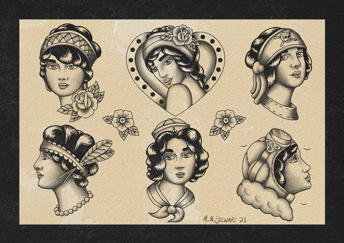 RichardWizard's tweet photo. Redid this flash sheet from earlier this year. Just some faces doing some things 🧑‍🎨 inked in @procreate 
#tattoo #tattooart #tattooflash #procreate #procreateart #illustration #portrait https://t.co/mPu47u7KeO
