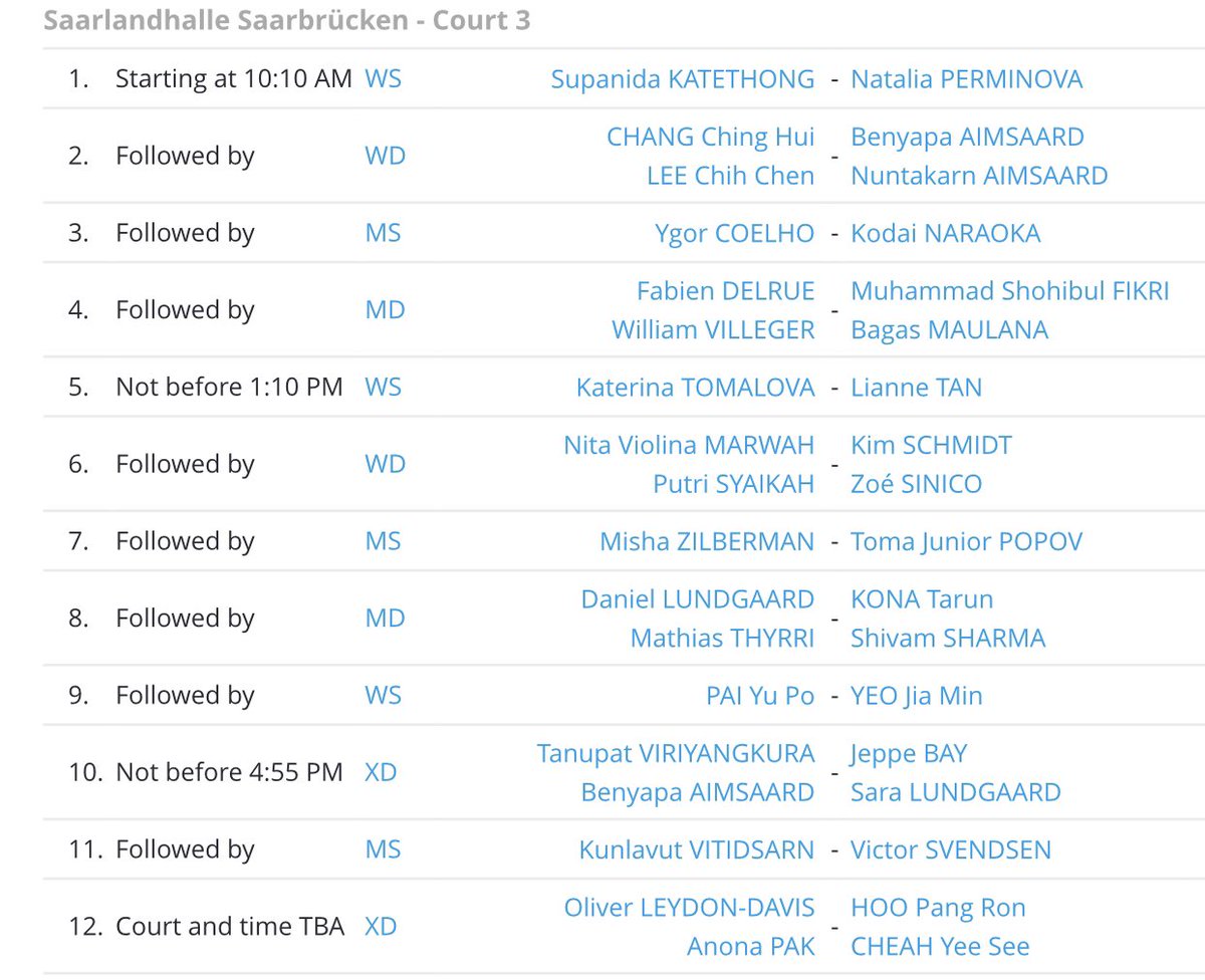 craigansibin's tweet photo. HYLO OPEN 2021
📍 Saarbrücken 🇩🇪 
🗓 Day 1 (02 Nov)

✨ORDER OF PLAY✨

Team MAS 🇲🇾
Daren Liew
Chan Peng Soon/ Goh Liu Ying
Goh Soon Huat / Shevon Lai
Hoo Pang Ron / Cheah Yee See

#BadmintonMalaysia 
#DemiMalaysia
#HyloOpen2021 #HSBCBWFWorldTour https://t.co/LzMzJrXDf0