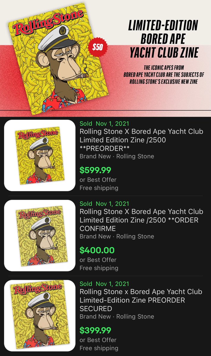 THE_COLLECTlVE's tweet photo. $50 → $500 🙊 did you catch this Rolling Stone magazine release this morning? 2,500 limited edition magazines dropped for $50 each, selling for $500 on ebay. very easy checkout.

we sent the link to everyone in our team &amp; made an easy 10x profit 📈 happy monday 😊 https://t.co/qC6YnSheKl