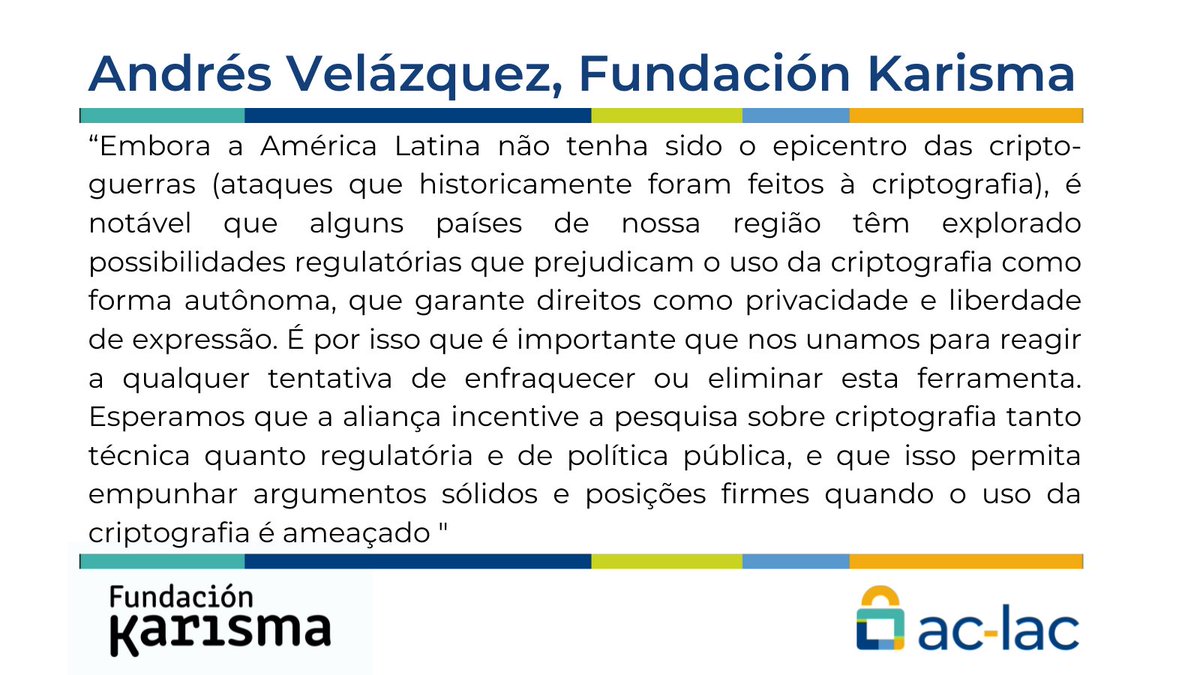 aclac_alianza's tweet photo. #ACLAClive Cara a cara:
"Que a @aclac_alianza incentive a pesquisa sobre #criptografia tanto técnica quanto regulatóriamente e de políticas, e isso permita empunhar argumentos sólidos quando o uso é ameaçado" disse A.Velásquez @Karisma 
Sua intervenção👇
https://t.co/8FCbwTmeLf https://t.co/ZYaEDisGJN