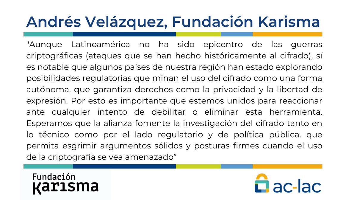 aclac_alianza's tweet photo. #ACLAClive Cara a cara:
"Que la @aclac_alianza incentive la investigación de #cifrado tanto del lado técnico como regulatorio y de políticas, y eso permita esgrimir argumentos sólidos cuando su uso es amenazado" dijo A.Velásquez @Karisma 
Su intervención👇
https://t.co/8FCbwTmeLf https://t.co/hAWzU5zQcD