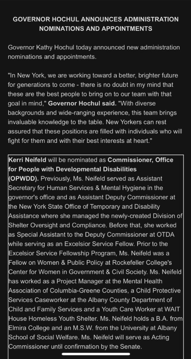 MeganBaldwin_'s tweet photo. Congratulations to my dear friend @keneifeld on her appt as OPWDD Commissioner by @GovKathyHochul! Kerri is dedicated, whip smart and passionate, and will be a thoughtful leader for both the Agency and the individuals and families it serves. New York is lucky to have her! https://t.co/OA26PBJW9b