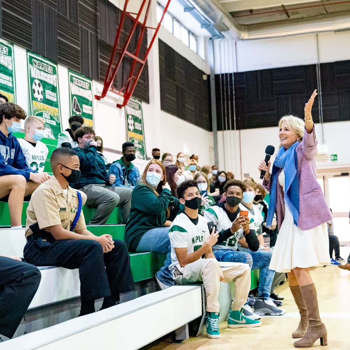 FLOTUS46Archive's tweet photo. Thank you to all the Naples Middle High School Wildcats for opening up and sharing your stories with me (and letting me make some ravioli with you too!) 

Your strength and resilience inspire us all. #Milkids #DoDEAinAction https://t.co/0vhO5JaRjO