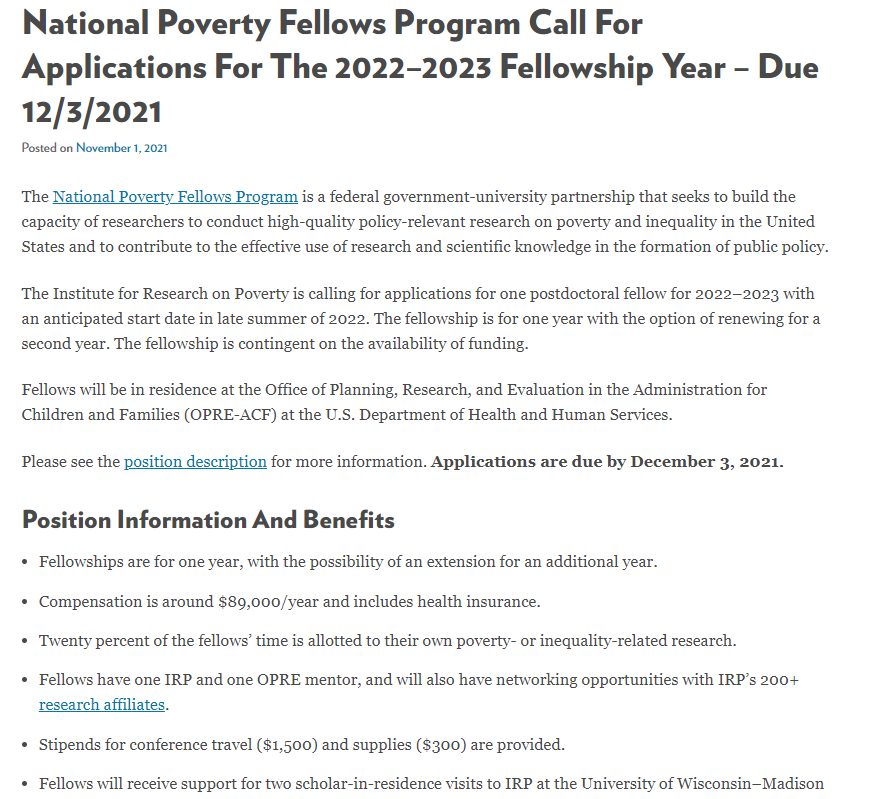 IRP_UW's tweet photo. Postdoc Opportunity: IRP is recruiting for the National Poverty Fellows Program for a fellowship starting mid-2022. 

Fellows will be in residence @OPRE_ACF, have 20% of their time devoted to their own research, + funding for travel and supplies. 

Info at https://t.co/juOBPpFIZn https://t.co/hR5zbUQXm6