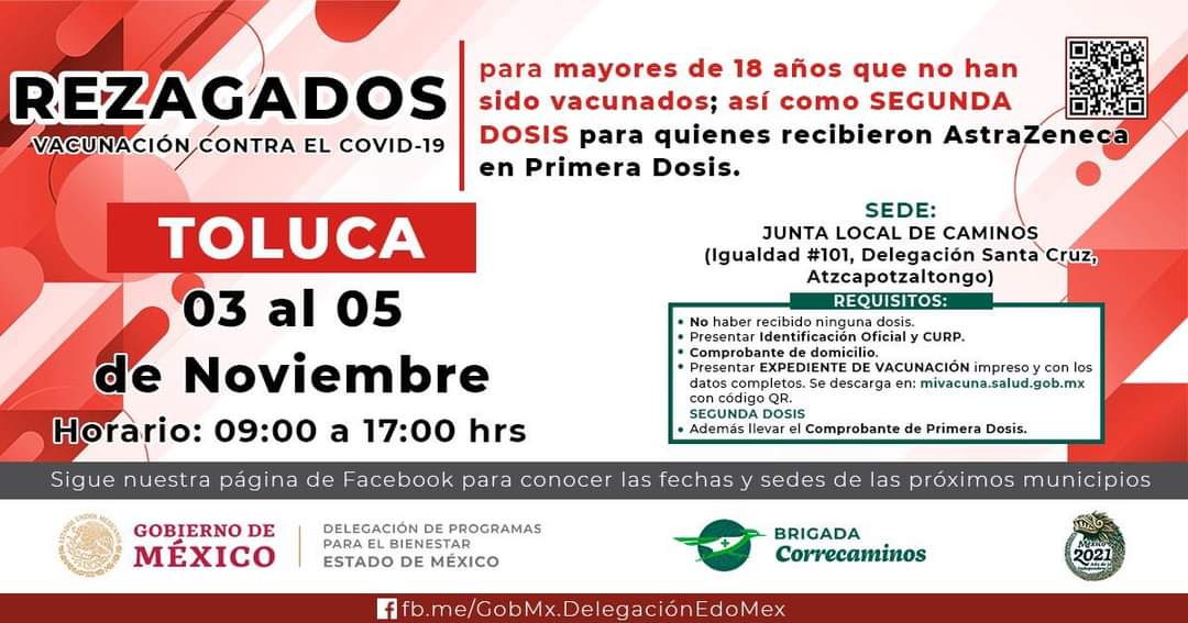 JuanRodolfo_SG's tweet photo. Del 3 al 5 de noviembre todas las personas mayores de 18 años de las regiones Oriente y Valle de Toluca que no se han vacunado contra #COVID19 podrán aplicarse la primera dosis, asimismo se aplicará la segunda dosis de la vacuna AstraZeneca. ¡Tu salud es nuestra prioridad! https://t.co/NbJRCzeZDE