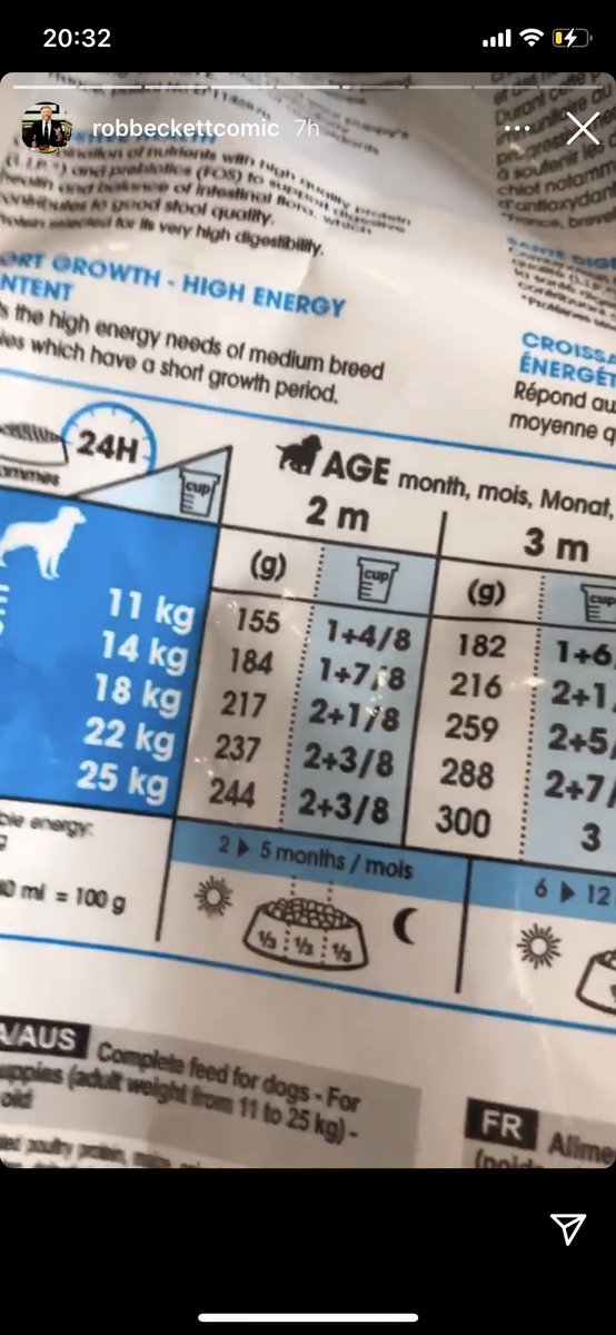 spagBetty's tweet photo. @robbeckettcomic hi I can help with you dog food dilemma ....

Your whippet will be 18 kg ish when adult - so you will feed 217g of food at 2 months old over 3 meals so 72g of the food each meal. https://t.co/70ZdQPqJ8C
