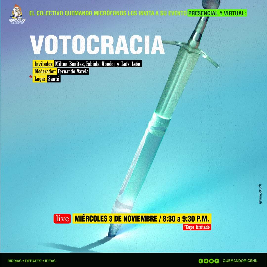 VOTOCRACIA - Las preguntas correctas

Nos vemos este miércoles a las 8 :30 en <a href="/santetegus/">Santé Tegus</a> con un nuevo evento.

Invitados:
<a href="/MiltonBeniteztv/">Milton Benítez</a>
<a href="/FabiolaAbudoj/">Fabiola Abudoj #255</a> - Candidata a  Diputada Liberal
Luis León - Director NIMD.

Transmisión por FB Live en nuestra página