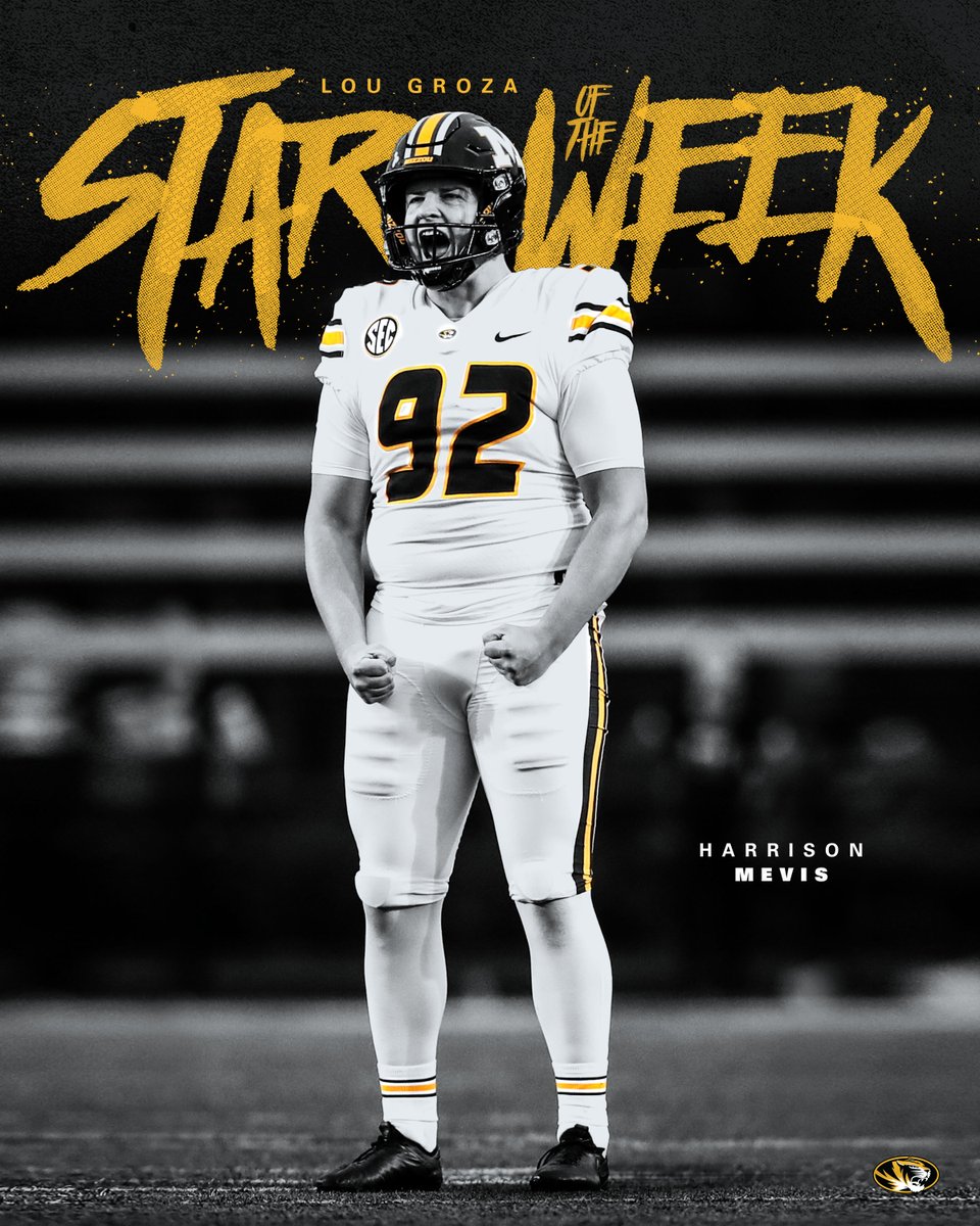 MizzouFootball's tweet photo. Harrison Mevis (@kickerhmevis6) is one of four @LouGrozaAward Stars of the Week❕ Cast your vote for Mevis as your favorite❕

👉 https://t.co/dFM00Ig0XK

Mevis’ streak of 19-straight made field goals (dating back to 2020) now leads the nation❕

#MIZ 🐯🏈 https://t.co/G4wUfJVNG6