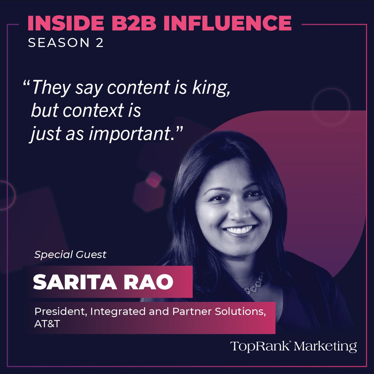 toprank's tweet photo. "They say content is 👑 king, but context is just as important." Learn more from @saritasayso, president of integrated & partner solutions at @ATTBusiness, in her #InsideB2BInfluence interview with our CEO @LeeOdden: ➡ https://t.co/TAuWt0htHN
#ExecutiveInfluence #B2BMarketing https://t.co/T5C7pX6afH