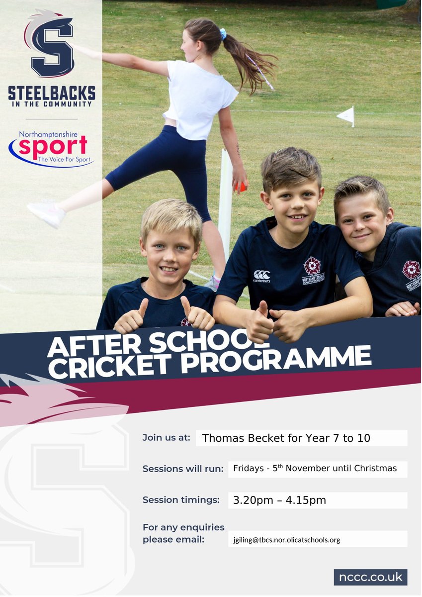 Professional Cricket Coaching Yrs 7-10! 
🏏We are offering *fully funded* after school coaching with very many thanks to <a href="/NorthantsCCC/">Northamptonshire CCC</a>  Fridays 3.20pm - 4.15pm starts this week, please email Mr Giling asap (jgiling@tbcs.nor.olicatschools.org) to secure your place #WeAreBecket