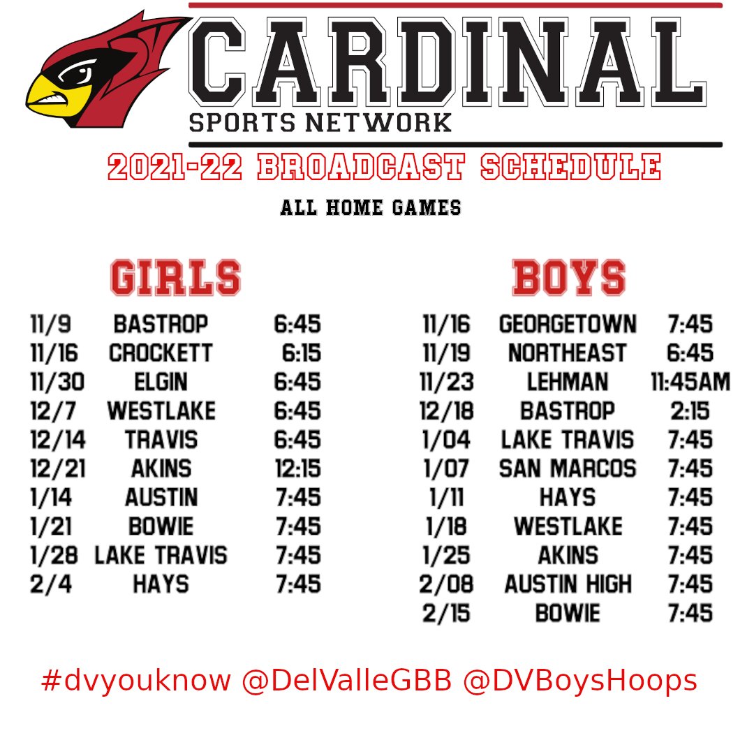 sports_cardinal's tweet photo. Here's the Cardinal Sports Network Basketball Broadcast Schedule for the 2021-22 season!
We're proud to bring you 21 games from Tawni Angel Court starting Nov 9
#dvyouknow @DelValleGBB @DelValleHoops @dvisd_athletics @DVISD_DVHS https://t.co/6JlNBWaPRw