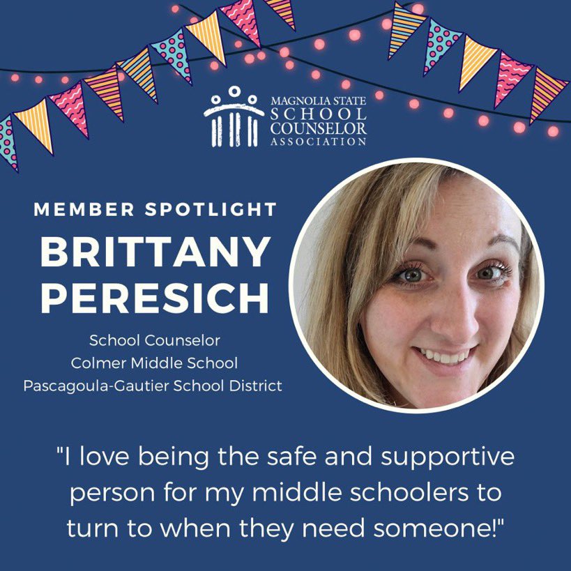 MSSCAtweets's tweet photo. Member Spotlight Monday - Brittany Peresich
#MagnoliaStateSCA #MSSCA #mississippi #schoolcounseling #schoolcounselors #memberspotlight #memberspotlightmonday https://t.co/27YZSt2dfE