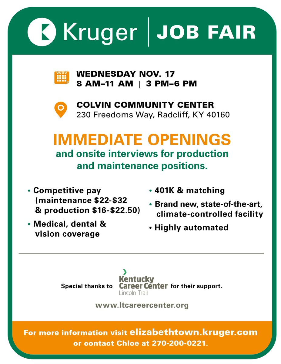 ltcareercenter's tweet photo. Kruger is hosting two job fairs to fill immediate openings on Wednesday, Nov. 17, at Colvin Community Center in Radcliff. The first will take place form 8-11 AM and the second will happen from 3-6 PM. 

For more information, visit https://t.co/ghfAyx9qmR. https://t.co/uzp5DWqvbD
