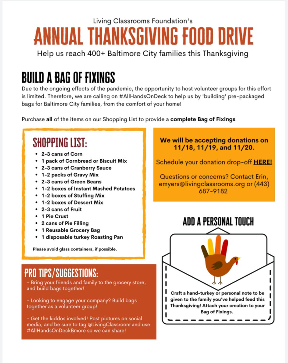 The YLS Public Service Committee is partnering with the Living Classrooms Foundation to help Baltimore City families celebrate Thanksgiving via a food drive. Contact Amy Rappole at arappole@gmail.com to schedule a drop-off in Beltsville, MD. See flier for more details!