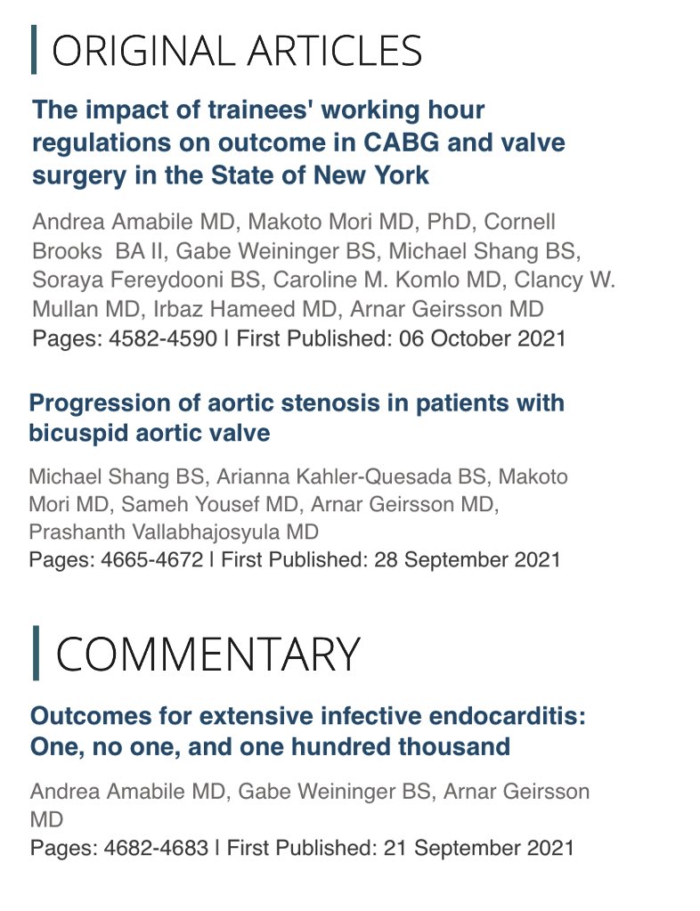 AndreaAmabileMD's tweet photo. Proud of seeing various contributions from the @YaleCardiacSurg group to the December 2021 issue of @JCardSurg. I am thankful for being part of such a great team! @ArnarGeirssonMD @PrashanthVall12 https://t.co/6qoAHSMSX5