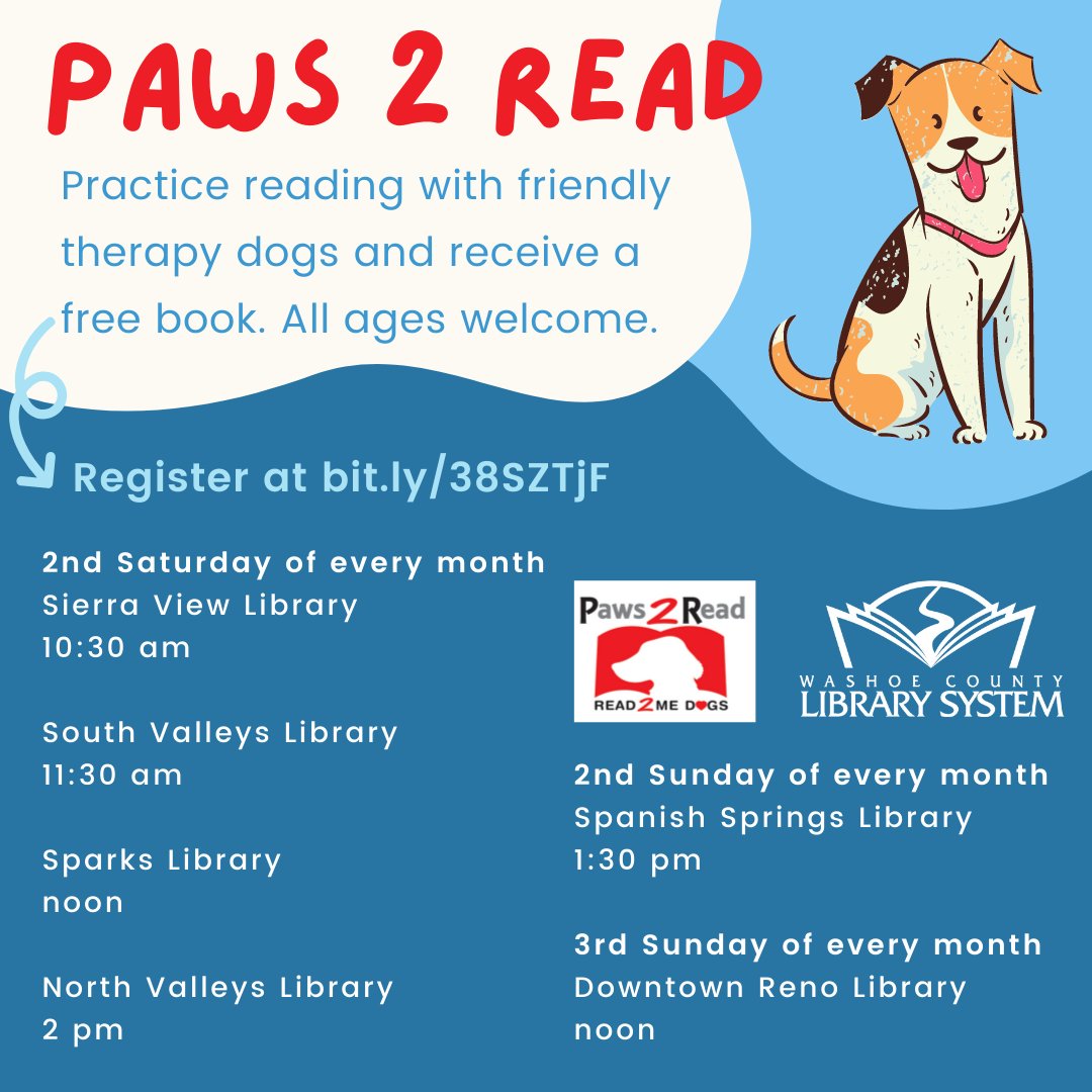 WashoeLibrary's tweet photo. It's November, and that means the #Paws2Read dogs are back! All ages are invited to visit with friendly therapy dogs at the library. Kids can practice reading to the dogs, and will receive a FREE book! Registration is required. Register now at https://t.co/eD9KaLS9Ie! https://t.co/SL2GzkPa6h