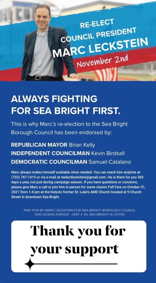 MarcLeckstein's tweet photo. Tomorrow, November 2, 2021, is Election Day and I am asking for your support on my re-election to the Sea Bright Borough Council.  If you have any questions or concerns, please do not hesitate to reach out and let me know!   #seabright #everyvotecounts #noplacelikeseabright https://t.co/1EGlXhQoBU