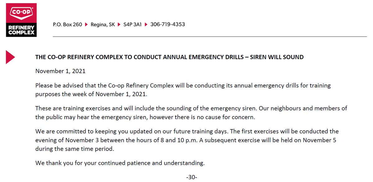 CoopRefinery's tweet photo. This week, our Refinery will be conducting its annual emergency drills, including the sounding of the siren. Please see the communication below for details. https://t.co/04QFnYlQgf
