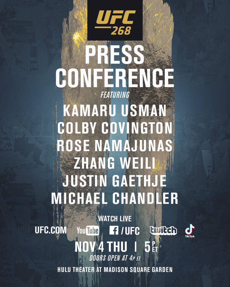 ufc's tweet photo. Join us in the Big Apple for #UFC268 🍎🗽 

📍 Thu. Nov 4: Press Conference at 5𝙥𝙢𝙀𝙏
📍 Fri. Nov 5: Ceremonial Weigh-Ins at 5𝙥𝙢𝙀𝙏

[ #UFC268 | Details on attending 🔗 https://t.co/xbyGyPfC2t ] https://t.co/8J7c6ABMmK