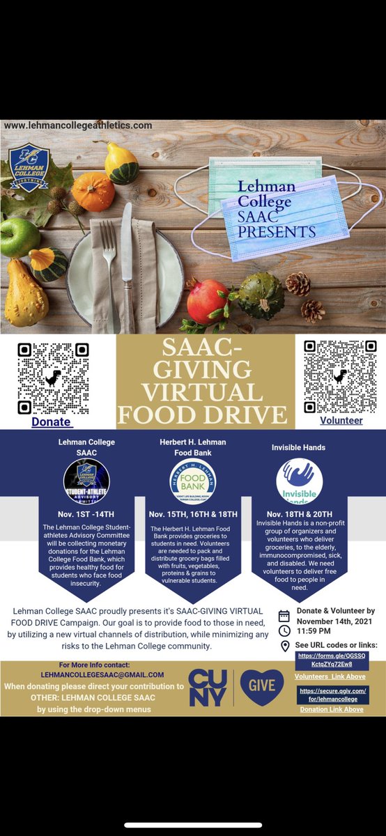 Lehmansaac's tweet photo. Lehman SAAC is holding a food drive to give back during the month of November. Come help end hunger! #lehmancollege
#lehmancollegesaac
#cunysaac
#cunyac
#studentathlete
#saac
#ncaadiii
#lehmanathletics #volunteer
#givingback https://t.co/brRPU0cASV