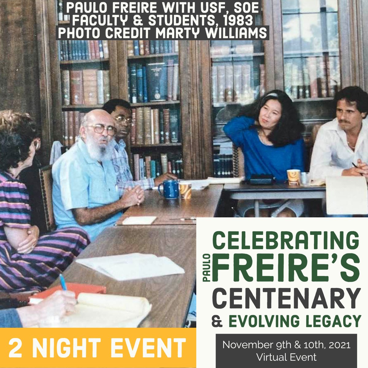 We are just one week away from the two-night event celebrating Paulo Freire's Legacy. I'm excited to join the <a href="/USFCA_SOE/">USF School of Education</a> Center for Humanizing Education &amp; Research (C-HER) for celebration, conversation, and reflection. I hope you will join us! 
Details: bit.ly/3mzgukc