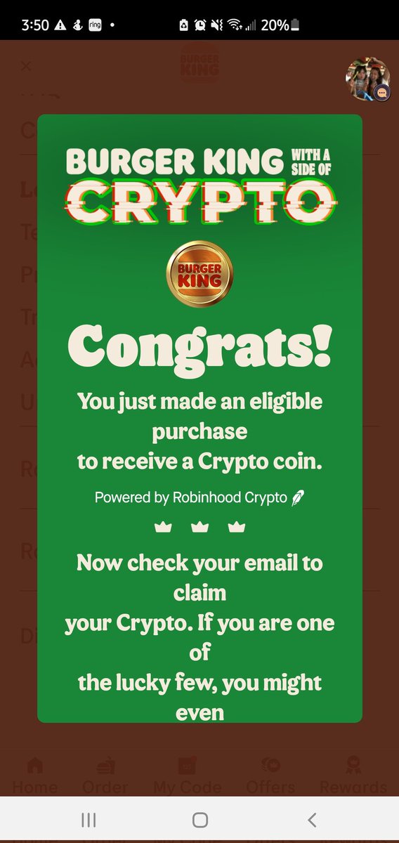 LocoEyedPollo's tweet photo. I just got free #dogecoin cryptocurrency from Burger King just by buying a meal.... a new promo to spread the word about Dogecoin, #Bitcoin, and #Ethereum! Crypto being adopted my mainstream folks!!! https://t.co/qdwNH3IEWC
