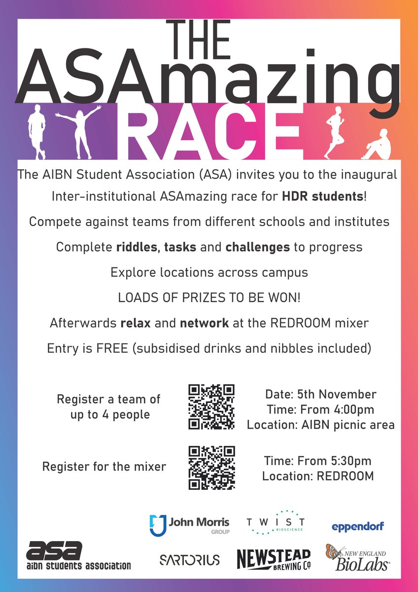 The inter-institute ASAmazing Race is happening this Friday at 4pm! The students from <a href="/AIBNatUQ/">AIBN Research</a> have put together an amazing scavenger hunt filled with challenges, riddles and heaps of prizes!  The race is open to all HDR students and staff <a href="/UQ_CAI/">UQ Centre for Advanced Imaging</a> <a href="/UQ_SCMB/">UQ Chemistry and Molecular Biosciences</a> <a href="/QldBrainInst/">Queensland Brain Institute, UQ</a> <a href="/IMBatUQ/">Institute for Molecular Bioscience</a>