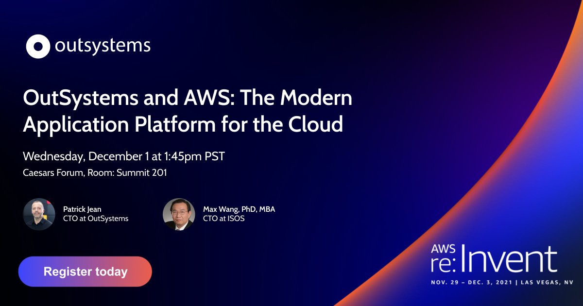 KellyJoSmith's tweet photo. With the @OutSystems #Cloud, you can rapidly develop and deploy sophisticated #apps at a global scale. Stop by our session at @AWSreInvent with our CTO @patrickjean and ISOS CTO Max Wang on December 1 to see how. https://t.co/6WLc95zDDJ https://t.co/SEDJkNKclf