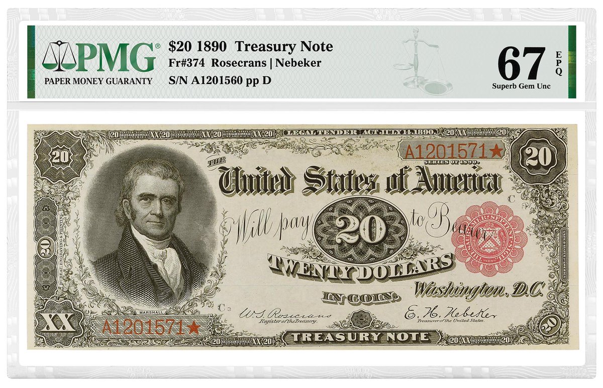 PMGnotes's tweet photo. This high-grade 1890 $20 Treasury Note certified by PMG is the top lot in a @StacksBowers currency sale this month. It is expected to realize over $100,000 at the Nov. 22 auction. Learn more: https://t.co/MGjeoWeMUx #numismatics #papermoney #treasurynote #banknote #notecollecting https://t.co/vG1Wsvd8vz