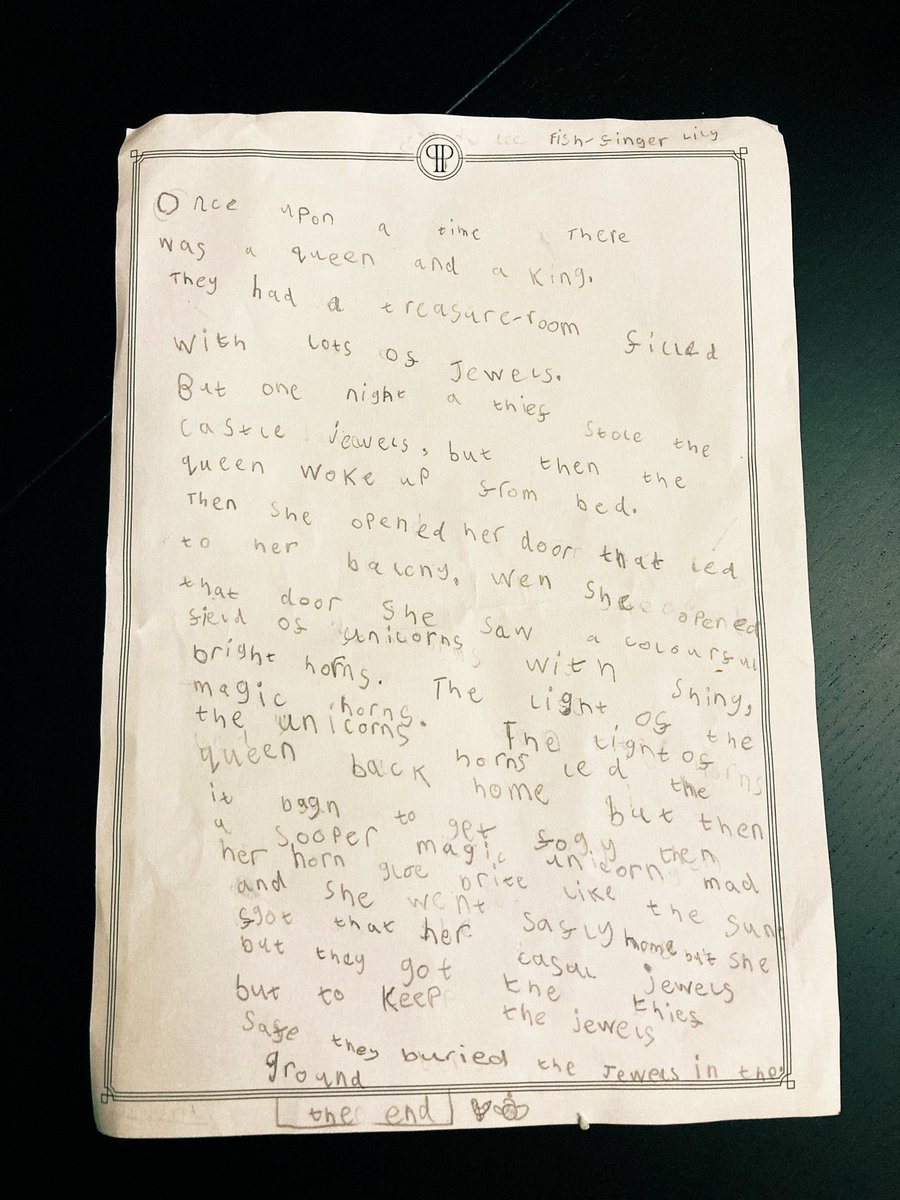 LisaLearning86's tweet photo. After Lily’s experience at the #LostLendingLibrary she wrote a story inspired by the objects she encountered about a thief who stole jewels from a Queen, but then a magical unicorn horn shone brightly and revealed where the jewels had been buried 👑 🦄 📚 @PDEnrich @Coventry2021 https://t.co/UqskQZB0cP