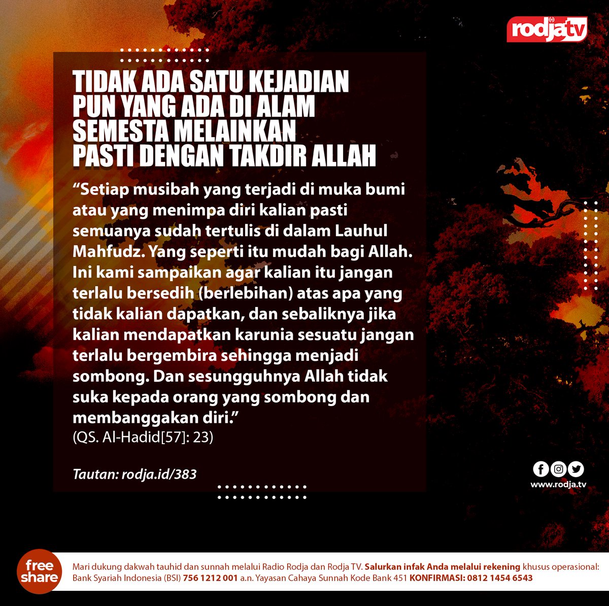 Takdir Allah untuk orang yang beriman itu pasti terbaik. Rasulullah Shallallahu ‘Alaihi wa Sallam bersabda:

“Sesungguhnya Allah Subhanahu wa Ta’ala tidak menakdirkan sesuatu bagi seorang yang beriman kecuali pasti itu yang terbaik.” (HR. Ahmad)

: rodja.id/383