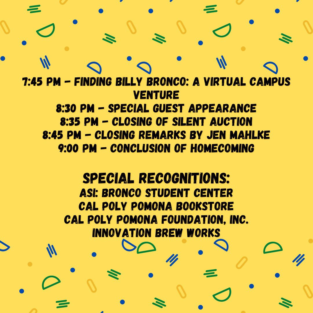 cppeventsplan's tweet image. Hello Broncos! We are so excited to see you all on Thursday night at 7 pm. Here is a schedule of our event!! See you there 😃 #cppalumni #cppcommunicationdepartment #calpolypomona #homeCOMing #cpp #cppgrad #wearecpp