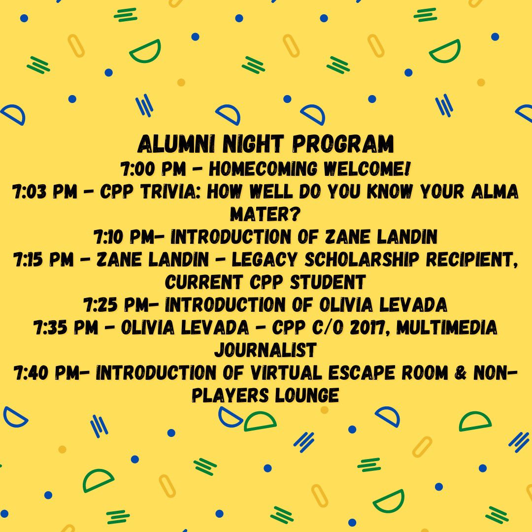 cppeventsplan's tweet image. Hello Broncos! We are so excited to see you all on Thursday night at 7 pm. Here is a schedule of our event!! See you there 😃 #cppalumni #cppcommunicationdepartment #calpolypomona #homeCOMing #cpp #cppgrad #wearecpp