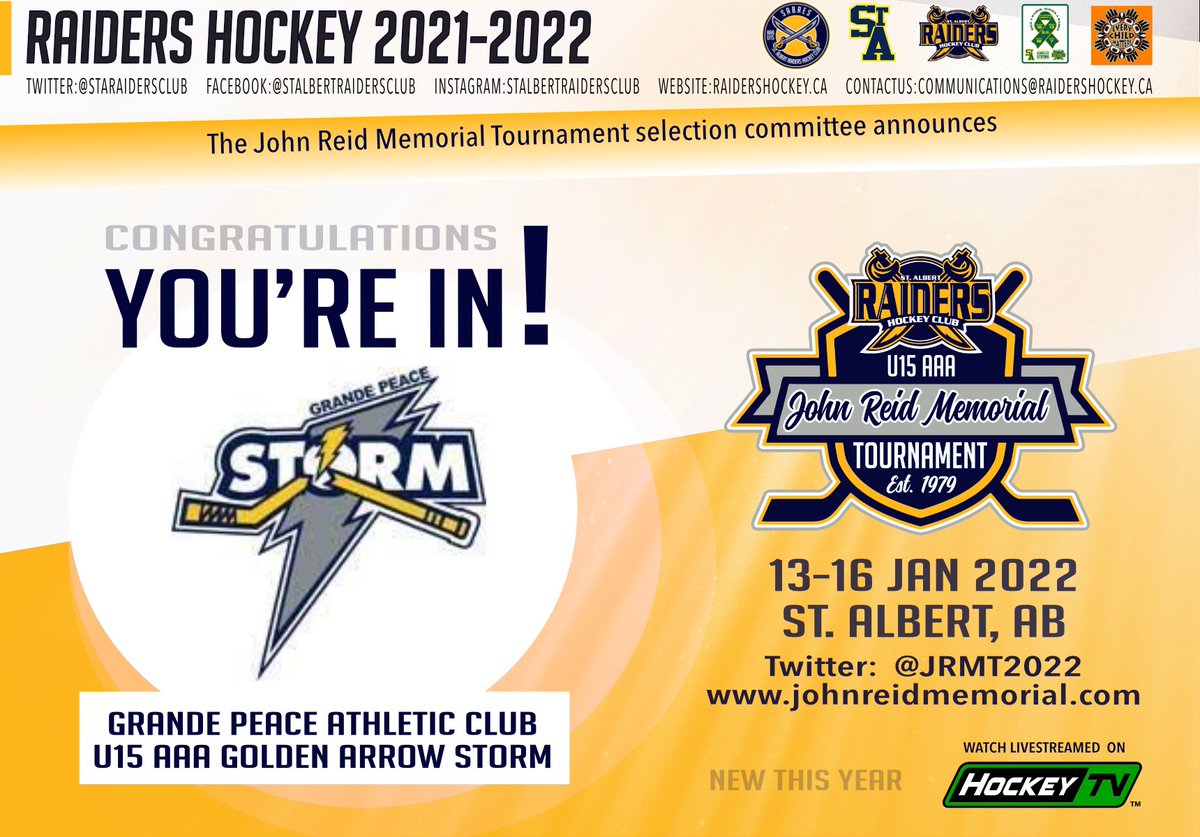 JRMT2023's tweet photo. The John Reid Memorial Tournament selection committee is proud to announce the addition of the Grande Peace Athletic Club U15 AAA Golden Arrow Storm. Welcome to the tournament @GpacAaa … you’re in! #JRMT2022 #JRMT2022TEAMS https://t.co/TfdK8cprtM