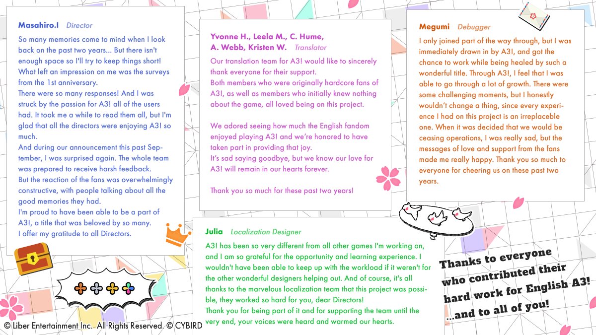 MankaiCompanyEN's tweet photo. All additions to in-game content have now been completed.
We've compiled some messages from the staff of A3! English. 
Each of us extends their thanks to all Directors for supporting us for the past two years.
#a3game https://t.co/upMx4OFtG3