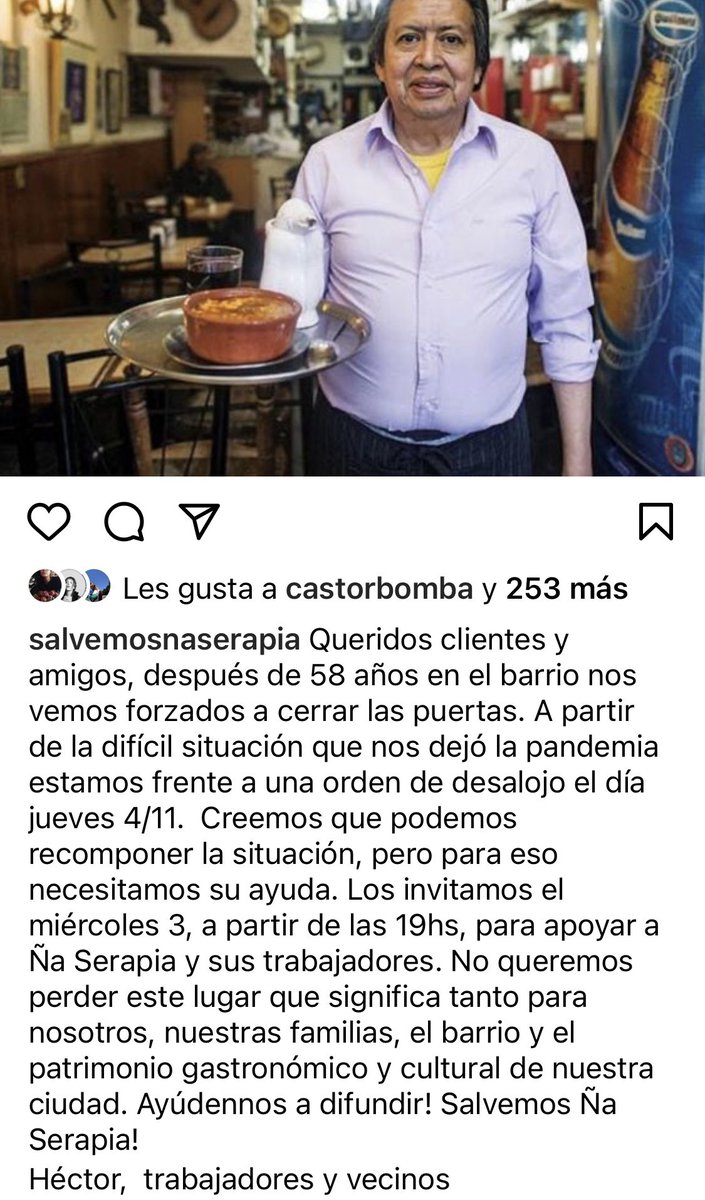 Maia_Debowicz's tweet photo. Ña Serapia, después de cocinarnos con amor y dedicación durante 58 años, tiene una orden de desalojo por falta de pago. Ña Serapia nos necesita este miércoles a partir de las 19hs. Salvemos Ña Serapia por Hector, lxs trabajadores, sus familias y,también, por nosotrxs. https://t.co/ylxHtoW8y5