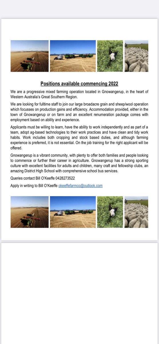 We continue to look for staff to add to our team for 2022 and beyond. Accommodation supplied, remuneration package above award rates, the Gnowangerup community is incredible and being part of the O’Keeffe Farming Company would be more enjoyable than you can imagine 😀.