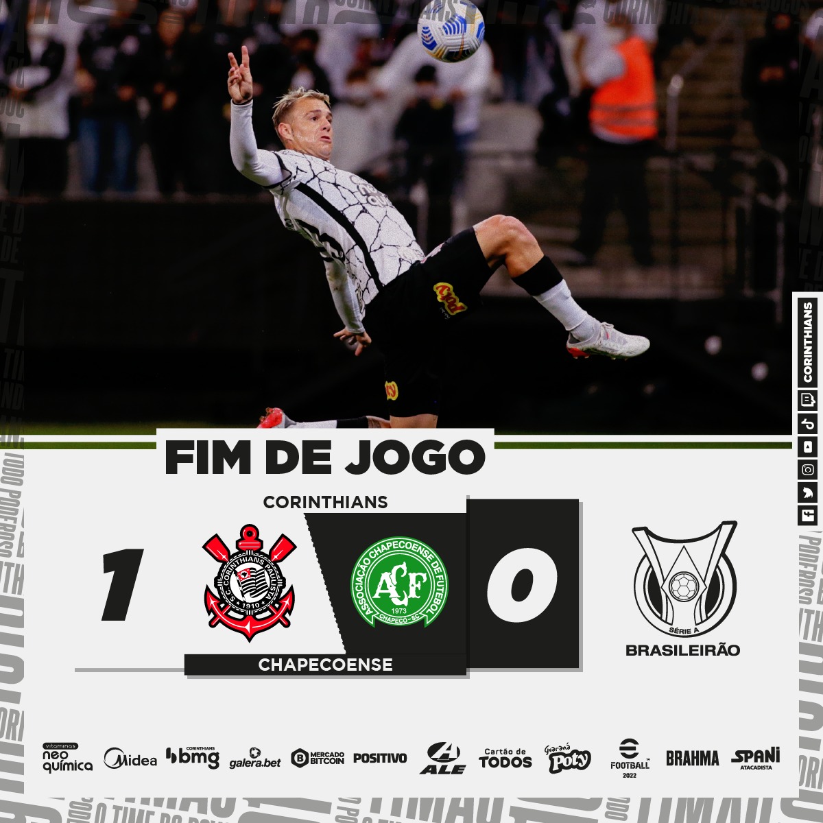 Corinthians's tweet photo. Fiiim de jogo com #VitóriaPraFiel! O Timão supera a Chapecoense por 1 a 0 na @NeoQuimicaArena pelo @Brasileirao! VAMOS!!!!!!!

⚽ Róger Guedes

#VaiCorinthians https://t.co/4UgDAyjddC