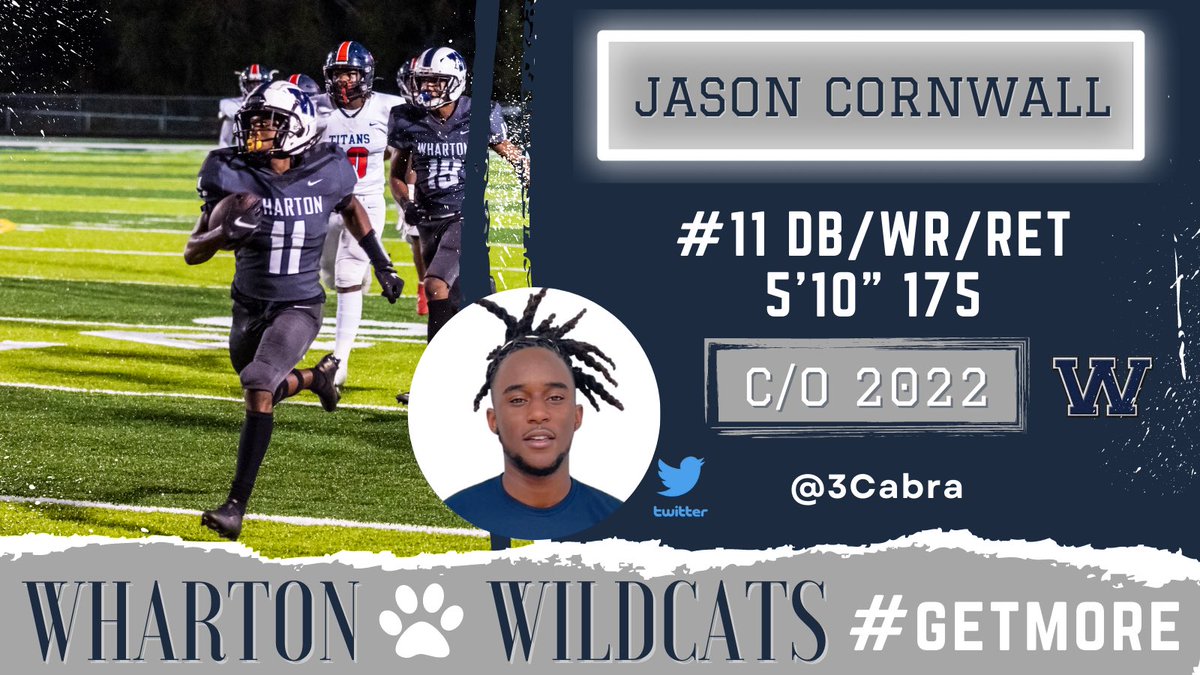 Class of ‘22 Spotlight: #11 WR / DB / RET Jason Cornwall | <a href="/3Cabra/">Jason Cornwall</a> | Multi-year Starter | 20.7 YPC, 1 TD rec, 2 PR TDs, 2 INTs (1TD), 1 sack

Hudl: hudl.com/video/3/150190…

#GetMore #RecruitWharton
<a href="/CoachLikeMike/">Big Mike Williams</a> <a href="/Coach_Baham/">Robert Baham Jr.</a>