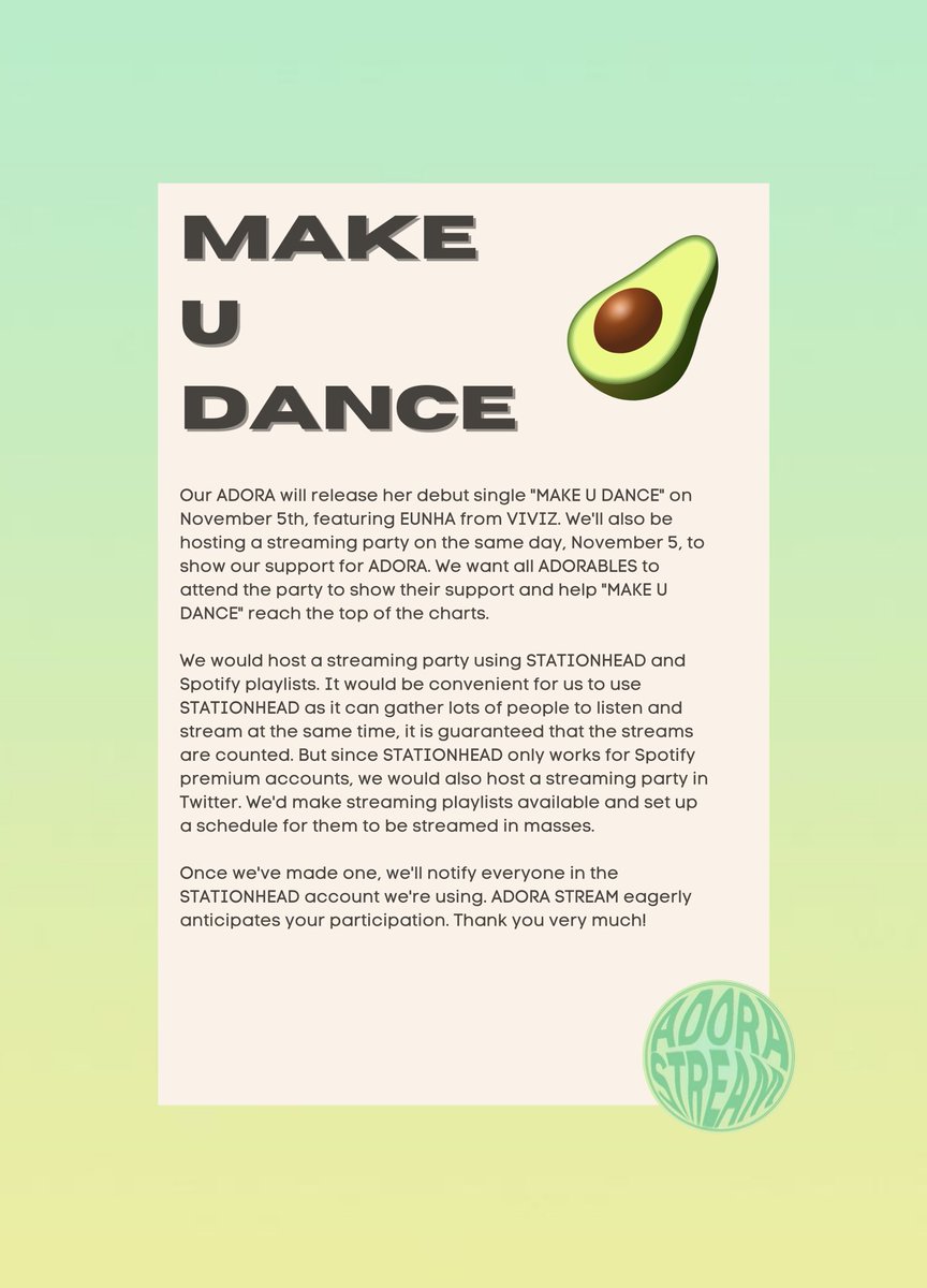 AdoraStream's tweet photo. ⠀⠀⠀
NOTICE 🥑

Hello, ADORABLES! We would host a streaming party to support and celebrate @I_AM_A_DORA’s debut single. We do look forward for your participation.
⠀⠀⠀ https://t.co/gx9nBAzawC