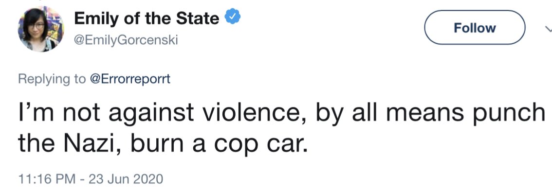 MrAndyNgo's tweet photo. During the height of the deadly riots last year, antifa member Emily Gorcenski called for more violence &amp; encourage arson attacks on law enforcement. We should all be asking why such a dangerous person is on Twitter, much less verified by @TwitterSupport. https://t.co/4EZ7Y3wmy9 https://t.co/HytxQ8Om34