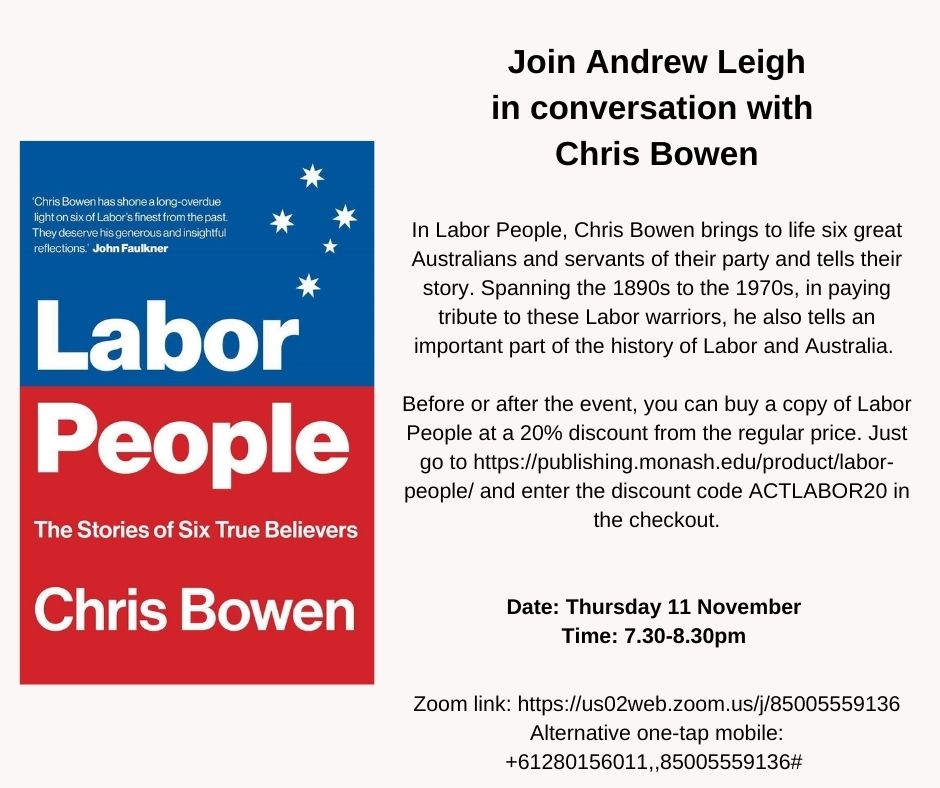 On Thursday 11 November, I'll be in conversation with Chris Bowen about his book "Labor People". We'll chat from 7.30-8.30pm, and take questions.

It's open to all, but is especially for Labor Party members.

On 11 Nov, click here to join: us02web.zoom.us/j/85005559136 #auspol