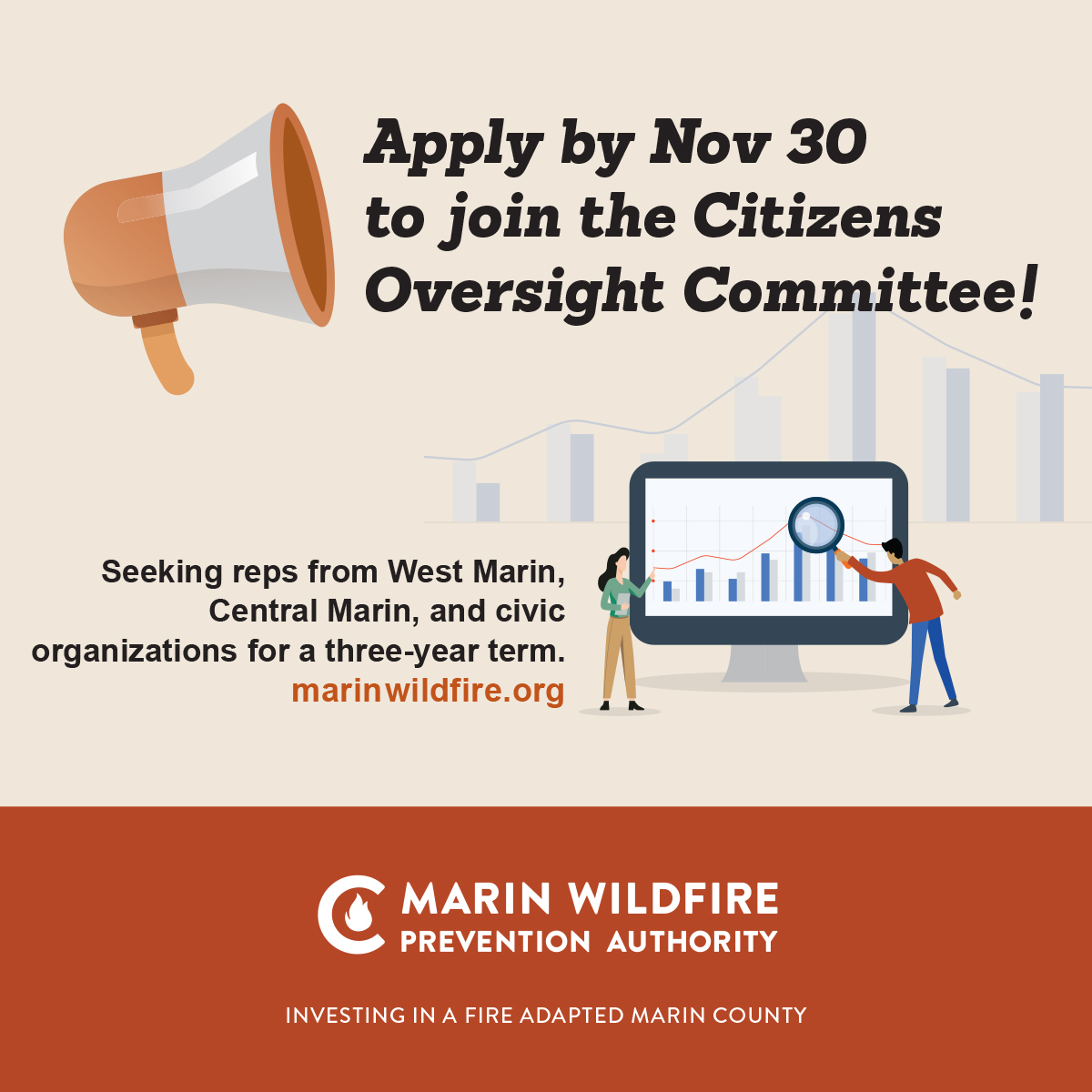 centralmarinfd's tweet photo. The Marin Wildfire Prevention Authority is seeking representatives from West Marin, Central Marin, and civic organizations for a three-year term to the MWPA Citizens Oversight Committee (COC). Applications are due by Tuesday, November 30, 2021. https://t.co/sMx1uhxeHu