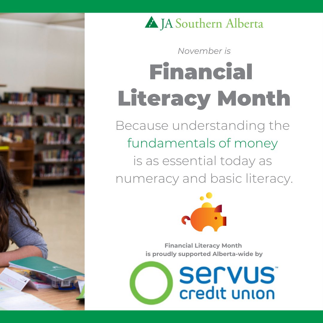 JASouthAlberta's tweet photo. Across the country this November, Canadians are encouraged to invest in their financial well-being, and JA  will deliver financial literacy programming in over 200 Alberta classrooms through the support of @ServusCU, provincial partner of JA Financial Literacy Month programming. https://t.co/NIgvc4AMl5