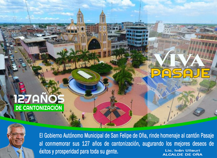 IvanUllauriC's tweet photo. Al conmemorarse 127 años cantonización del cantón Pasaje, a nombre de la cámara edilicia del Municipio de San Felipe de Oña y en nombre propio mío Iván Ullauri, como alcalde de este cantón Azuayo, presentamos un fervoroso saludo a sus autoridades y al su pueblo Pasajeño. https://t.co/Oq50yXoUMM