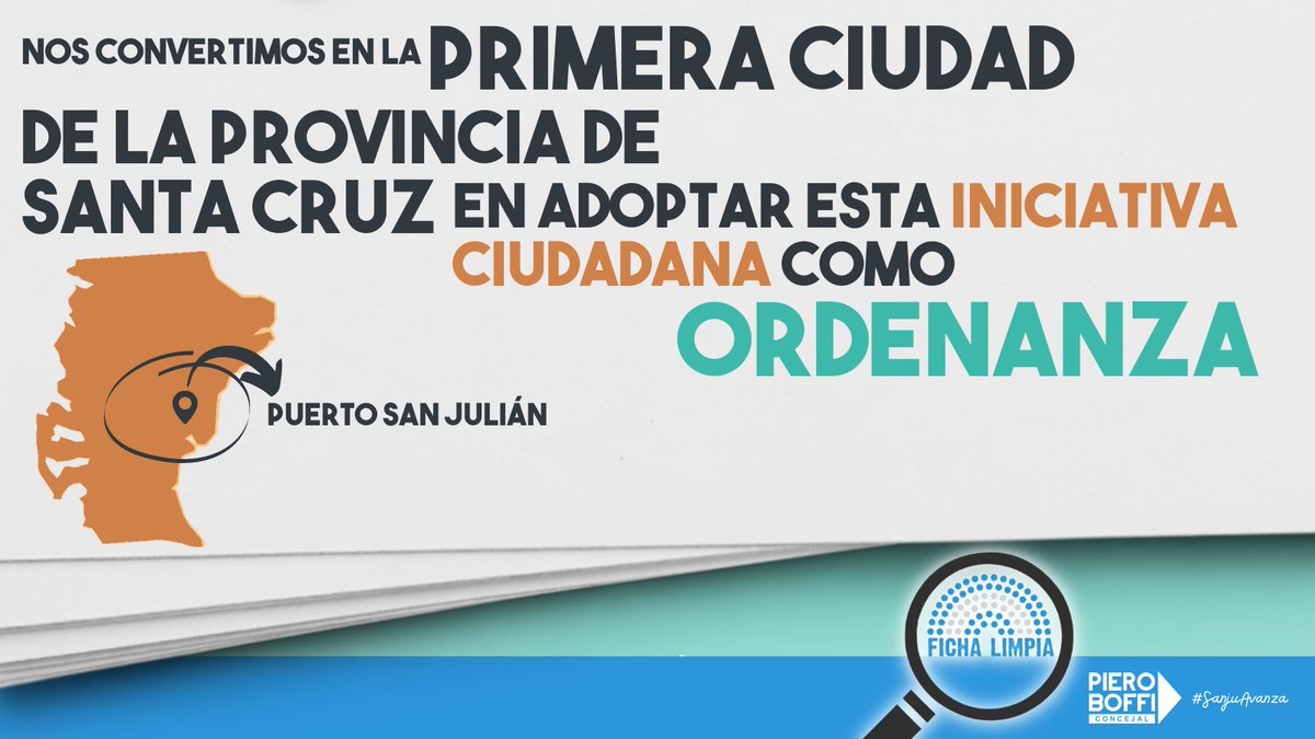 piero_boffi's tweet photo. Ya es oficial: ¡Puerto San Julián es @FichaLimpia! bajo Ordenanza N° 3512. Primera ciudad de #SantaCruz en tener #FichaLimpia Gracias por el acompañamiento y el enorme trabajo cc @gastonmarraOK @maitebazterra @DipRoxanaReyes @nadiariccisc  La Ordenanza 👉 https://t.co/tbOCEcpEZt https://t.co/DgN3hlGgKu