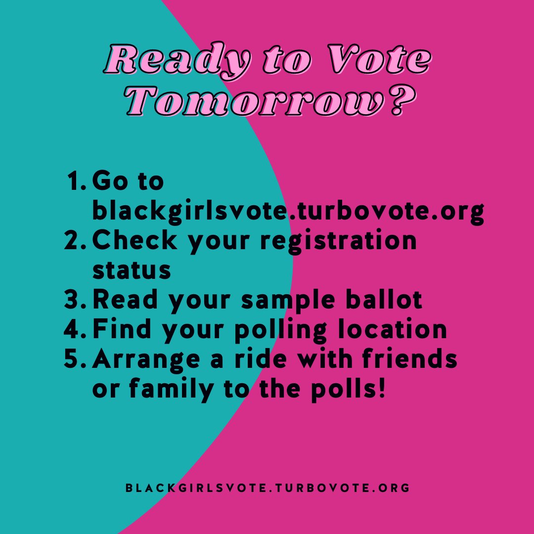 blackgirlsvote's tweet photo. Are you ready for Election Day tomorrow? Make sure you're #VoteReady by visiting https://t.co/RjAp90EsAf to get all the information you need to vote in your state.
#ElectionDay #Vote #VoteReady #BlackGirlsVote #SheWillVote #BGV https://t.co/qcu6itTHh4
