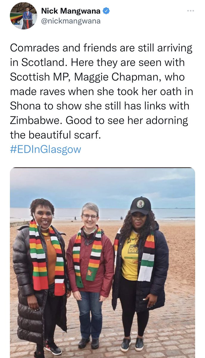 daddyhope's tweet photo. It is tragic that ZANUPF doesn’t see that its internationally unacceptable behavior is so bad that @MaggieChapman has had to apologize for wearing the scarf.

@nickmangwana must realize that moving around Scotland and ambushing unsuspecting people with scarfs is not REENGAGEMENT https://t.co/nxEnUn2Gc3